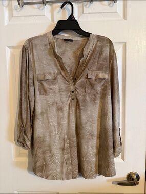 Ava & Grace Taupe V-Neck Button Front Blouse